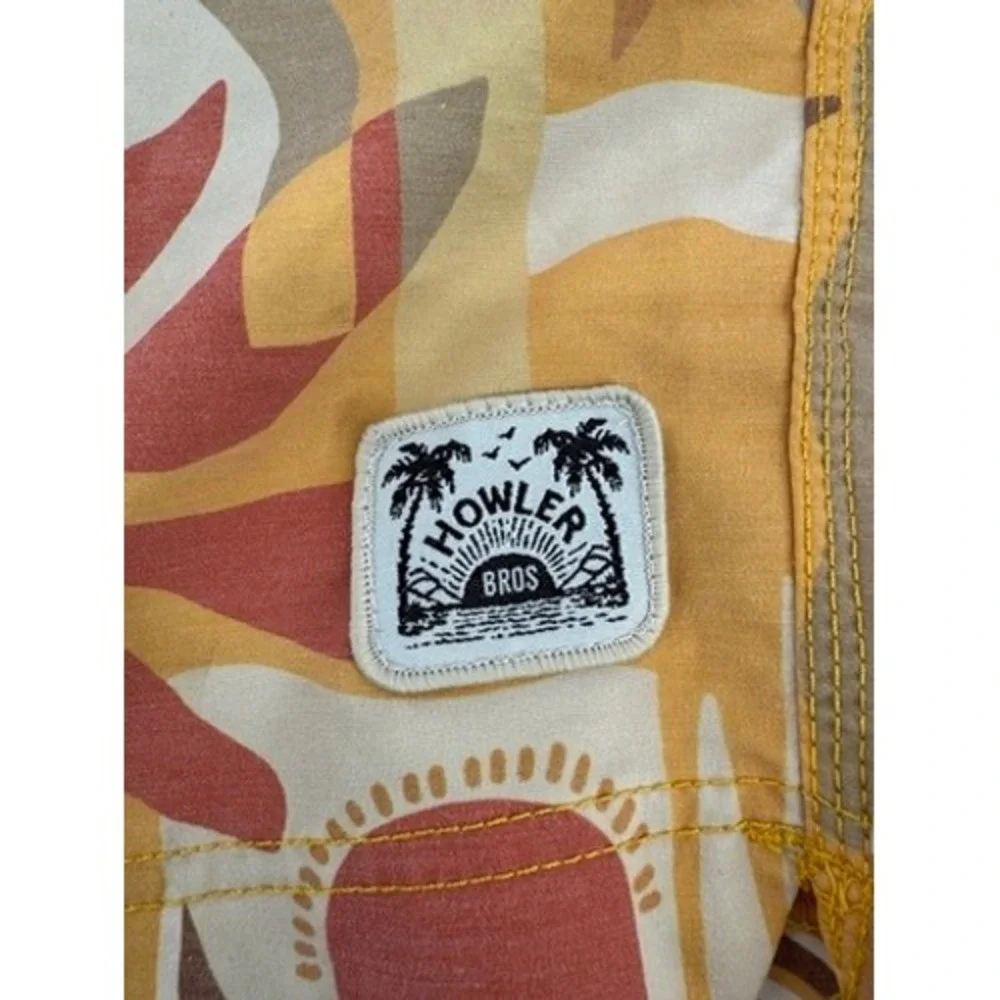 Howler Brothers Board Shorts Mens 35 Yellow Abstract Botanical Surf Swim Trunks